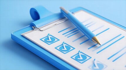 Blue clipboard with checklist and pen ready for action