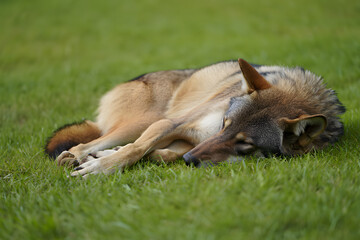 photograph of an Apennine wolf lying calmly on soft grass in natural daylight. 