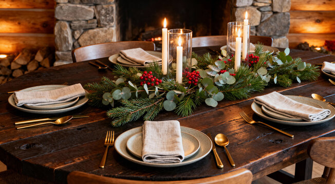 Cozy Holiday Dining Table Setting with Warm Candlelight