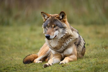photograph of an Apennine wolf lying calmly on soft grass in natural daylight. 