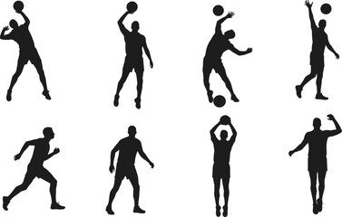 Basketball player silhouettes, men athletes dribbling jumping dunking shooting ball, sports action poses, vector illustration