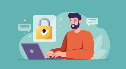 Man using laptop with padlock icon for secure connection.