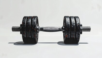 Naklejka premium A single, heavy dumbbell sits on a white surface, casting a shadow, symbolizing strength and fitness