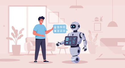 Man interacting with a robot in a modern living room, showcasing technology and home automation.