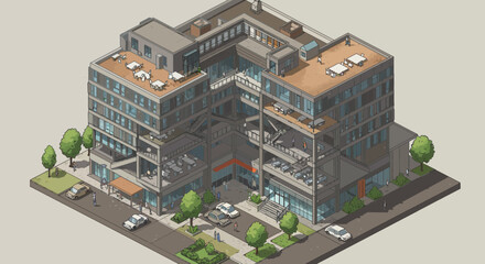 Isometric view of a modern office building with cars and trees around it.