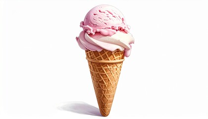 A classic summer delight featuring a perfect scoop of pink strawberry flavored ice cream in a golden brown waffle cone, isolated on a clean white backdrop
