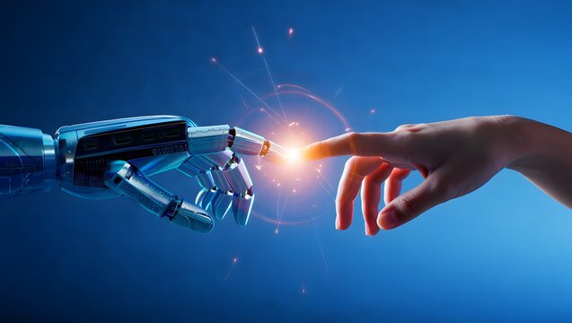 Digital technology and glowing blue light illuminate a hand holding an earth globe