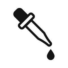 Simple black line art icon of a dropper with a single drop of liquid falling from its tip