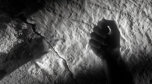 Strength Unveiled: An evocative grayscale portrayal of a hand in a fist, cast in dramatic shadow on a textured rock surface, telling a silent story of resilience and power.