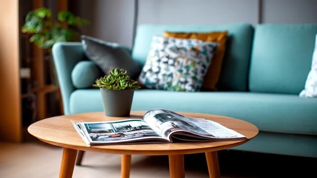 A modern living room setting with a wooden table holding a magazine and potted plant set against a light blue couch and patterned cushions
