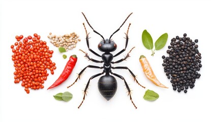 An intriguing display of a black ant surrounded by various colorful spices and seeds, showcasing nature's diversity.