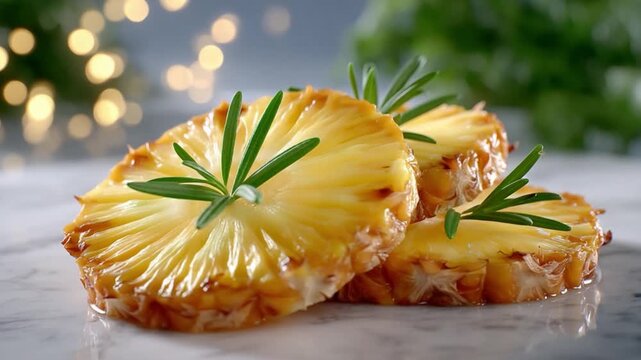 Tropical Refreshment: Close-up of golden-brown pineapple slices adorned with fresh rosemary sprigs. Perfect for culinary projects, this image focuses on freshness and simple food.