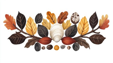 A vibrant arrangement of autumn leaves, acorns, and seashells, showcasing nature's beauty in rich, warm colors.