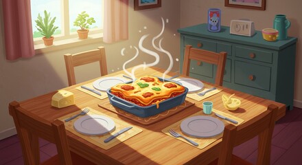 Baked dish on table with sunlight