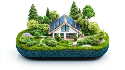 A miniature eco-friendly home surrounded by lush greenery, showcasing sustainable living and nature.