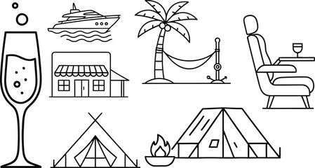 Luxury travel vacation vector icons set yacht champagne boutique hotel camping palm tree private jet design
