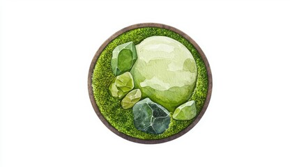A serene arrangement of smooth green stones and moss creates a tranquil natural aesthetic for relaxation and meditation.