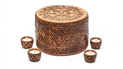 Beautifully crafted wooden container with intricate patterns, accompanied by matching candle holders for a serene ambiance.