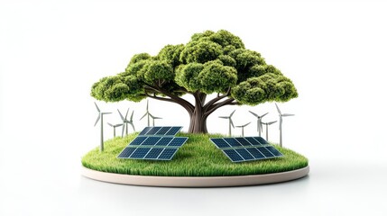 A conceptual illustration of renewable energy featuring a tree surrounded by solar panels and wind turbines.