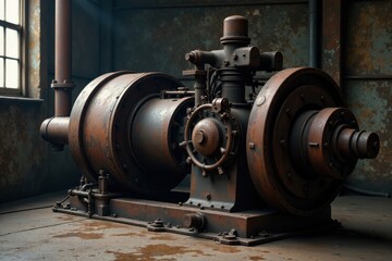 Fototapeta premium A Rusty Relic of Industrial History An Aged and Weathered Mechanical Engine in a Decaying Factory Setting