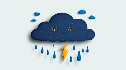 A whimsical illustration of a sad cloud with rain and lightning, symbolizing stormy weather and emotions.