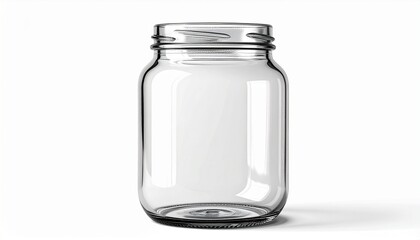 An empty and transparent glass jar for canning or preserving food, isolated against a clean, bright white background with copy space