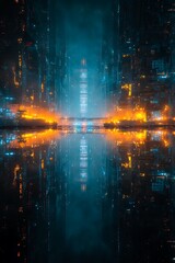 Fototapeta premium Futuristic cityscape with bright orange and blue lights reflected in water at night creating symmetry