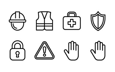 Set of Vector Icons Representing Safety and Security in Construction and Workplace Environments Emphasizing Prevention and Protection