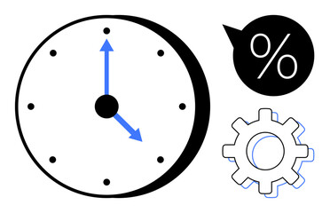 Clock face with arrows, gear, and percentage icon representing time optimization, productivity, and efficiency. Ideal for business, planning, scheduling, workflow organization analysis simple flat