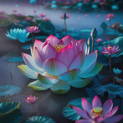 Serene Lotus Flower Blooming in Pond with Soft Lighting and Mist Creating a Peaceful and Dreamlike Atmosphere