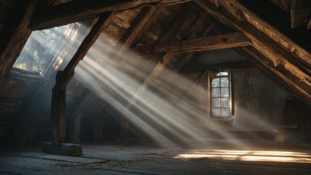Sunlight streams through a dusty attic window, creating a warm and inviting atmosphere in the quiet space. Dust particles dance in the light during morning hours