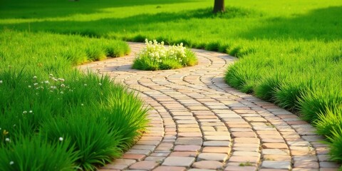 Obraz premium Serene Garden Path Meandering Through Lush Green Grass and Blooming White Flowers