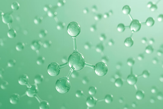 Transparent molecule structure floating in green scientific background, molecular chemistry visualization, hydrogen particle network, microscopic laboratory science concept, biotechnology research ill