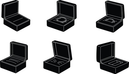 Jewelry ring box silhouettes, luxury gift packaging for engagement and wedding rings, vector illustration