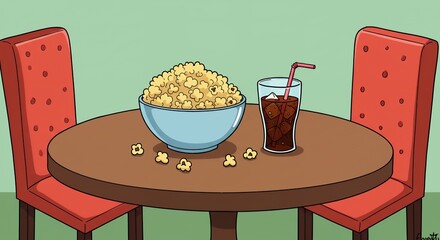 Popcorn and soda on table
