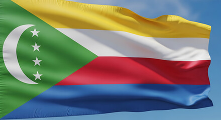 Waving flag of comoros against a clear blue sky, showcasing the nations identity and pride with its unique crescent and star emblem, and vibrant colors representing its rich history and culture