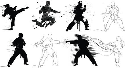 Karate martial arts fighters with abstract effects, kicking and punching silhouettes, creative sports design, vector illustration