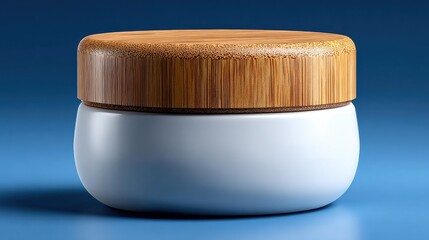 Modern eco friendly white cosmetic jar mockup with natural bamboo lid for skincare and beauty product packaging on blue background, minimal style