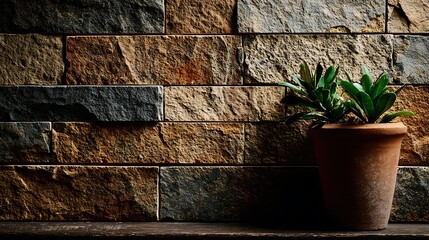 A potted plant sits against a textured stone wall with brown and gray bricks in a rustic setting