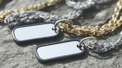 Military Dog Tags Resting on Neutral Surface, Ready for Personal Identification and Memory