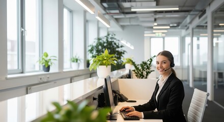 Smiling Female Receptionist in Modern Office Environment Serving Clients Efficiently