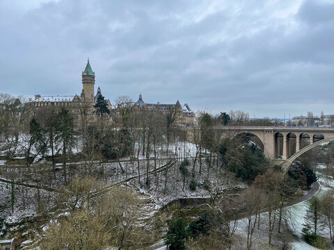 View of the P&eacute;trusse Valley and Spuerkees Tower next to the Adolf Bridge on a winter's day. Luxembourg, 2023-02-22