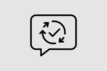 Symbol of communication with a refresh or update cycle and a checkmark inside a speech bubble.
