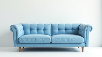 Obraz premium A light blue tufted sofa with wooden legs against a white wall, perfect for modern interior design projects and showcasing home decor