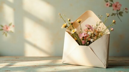 A delicate bouquet of wildflowers nestled within a pristine envelope, bathed in soft sunlight on a rustic wooden surface