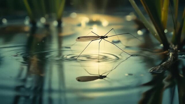 Water Strider Walking on Water Surface with Reflections