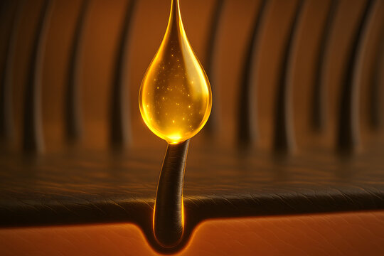 Golden oil droplet suspended above dark surface, macro liquid energy concept close up, glossy petroleum drop with warm glow, abstract viscosity texture, luxury fluid detail on black background