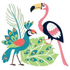 Vector art of a playful illustration showcasing a toucan and flamingo in a whimsical pose, accompanied by a vibrant peacock feather and lush tropical foliage, creating a cheerful and exotic scene