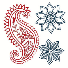 Vector art of elegant paisley and floral designs, featuring intricate red and blue line art, perfect for textile prints, decorative elements, and vintageinspired projects © Stock