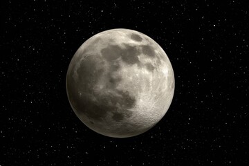A detailed view of the moon's surface is seen against a backdrop of numerous stars in the dark night sky